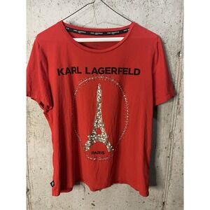 Karl Lagerfeld Paris Eiffel Tower T-Shirt Women's L Red Bling Rhinestone Scoop